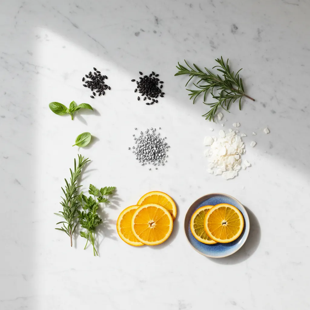 Naturliga ingredienser - zink, magnesium, vitamin C och selen på vit marmoryta